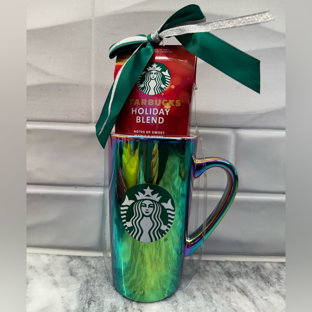 NWT Limited Edition Starbucks Rainbow Iridescent Mug and Holiday Coffee